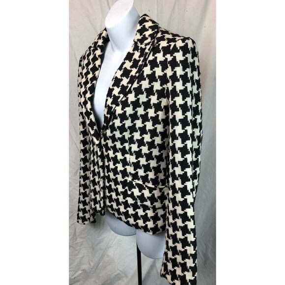 Vintage Woven Jacket Blazer 8 Blk/ivory Houndstooth Peak Collar 90s Academia - Picture 2 of 5